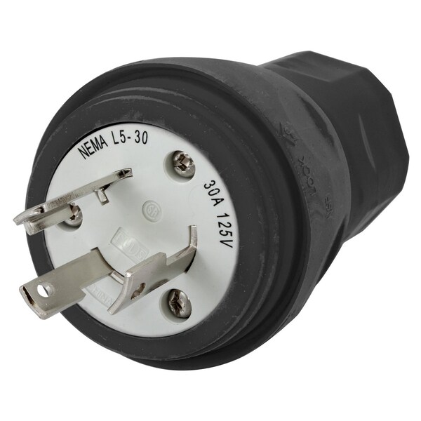 Watertight Devices, Twist-Lock Plug, 30A, 125V, 2 Pole, 3 Wire, Thermoplastic elastomer, NEMA L5-30P, Black